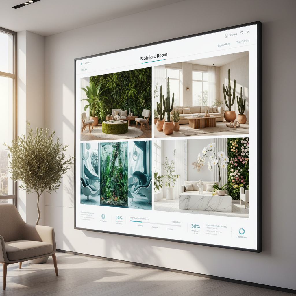 An AI dashboard showcasing biophilic living room designs.
