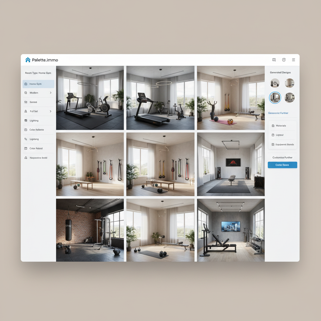 An overview screenshot of Palette.immo's AI design tool showing home gym options.
