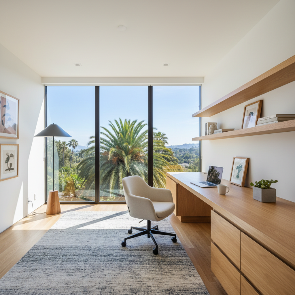 A bright California modern home office with large windows and natural wood elements.