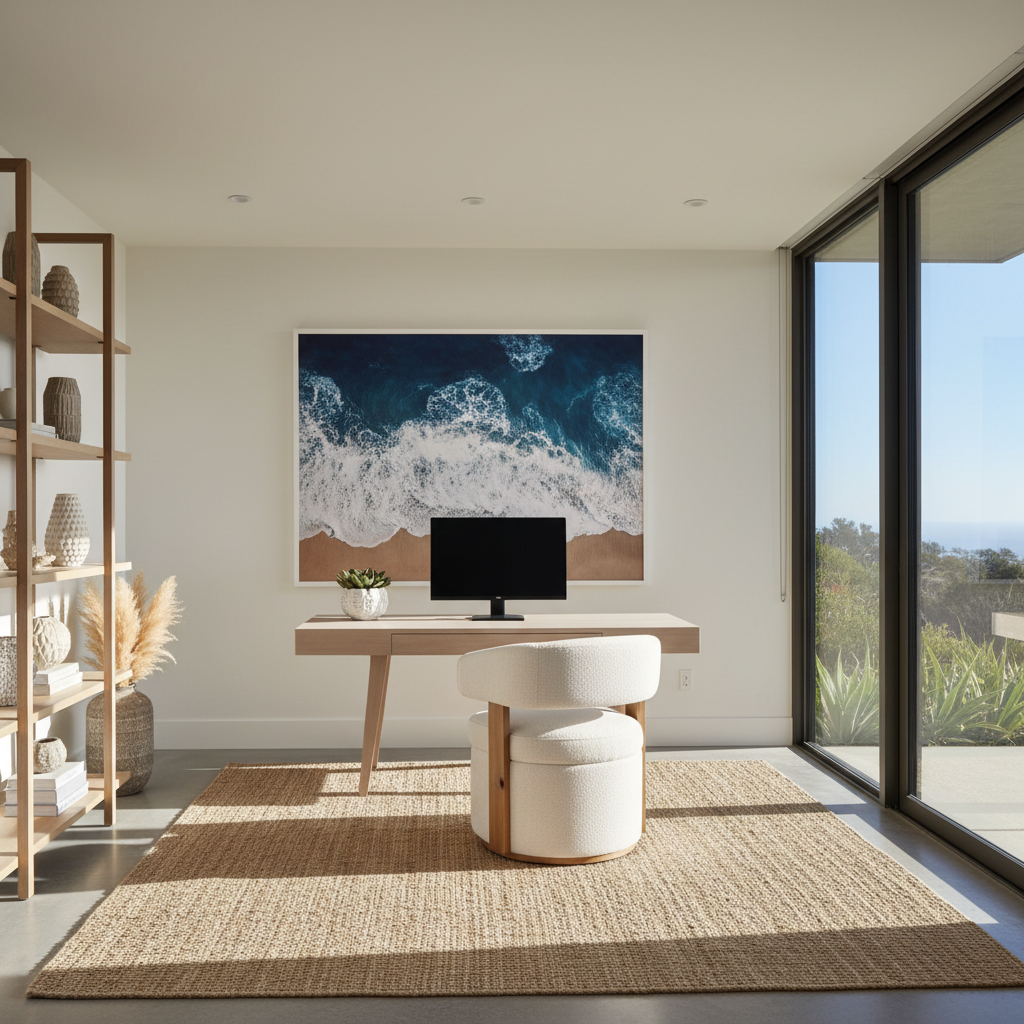 Coastal-themed artwork and minimalist furniture in a California modern home office.
