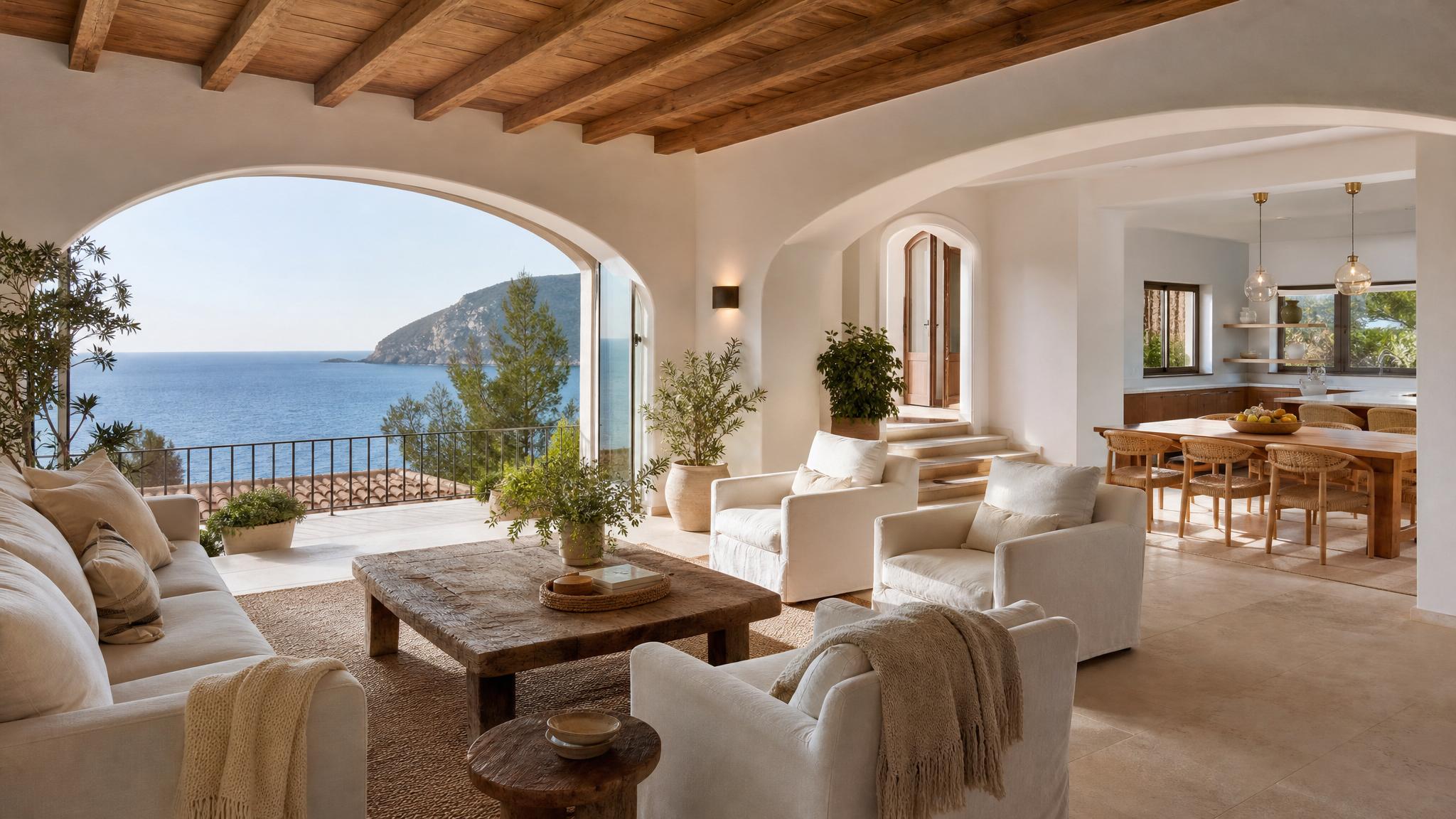 Beautiful Mediterranean open-plan living room with ocean view
