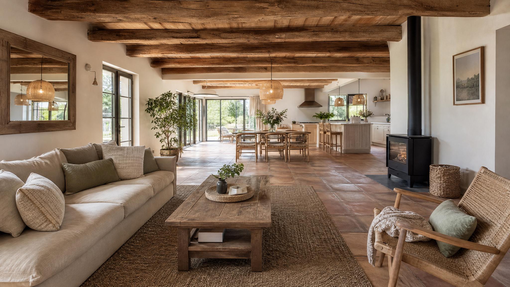 Open-plan living room featuring exposed wooden beams and terracotta tiles