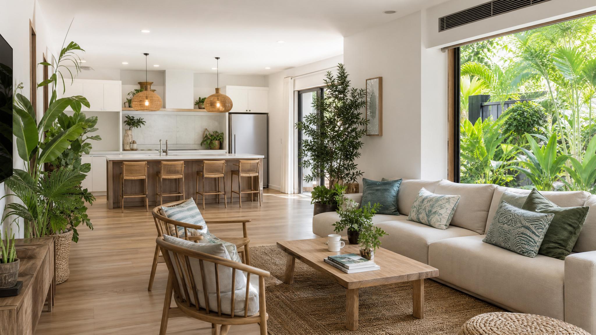 Open-plan living room with lush greenery and potted plants