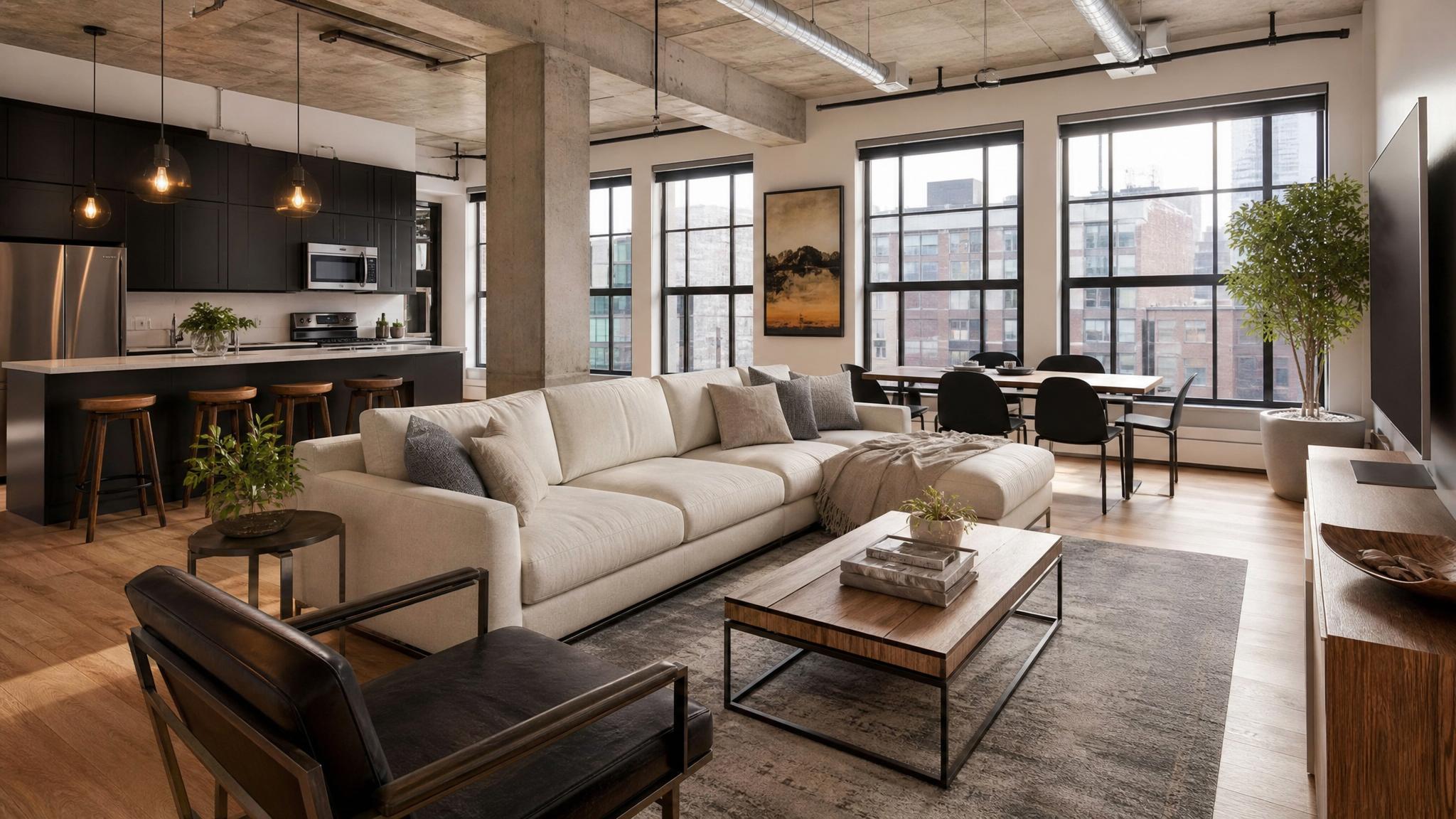 An urban loft open-plan living room with virtual staging, showcasing contemporary furniture arrangement.