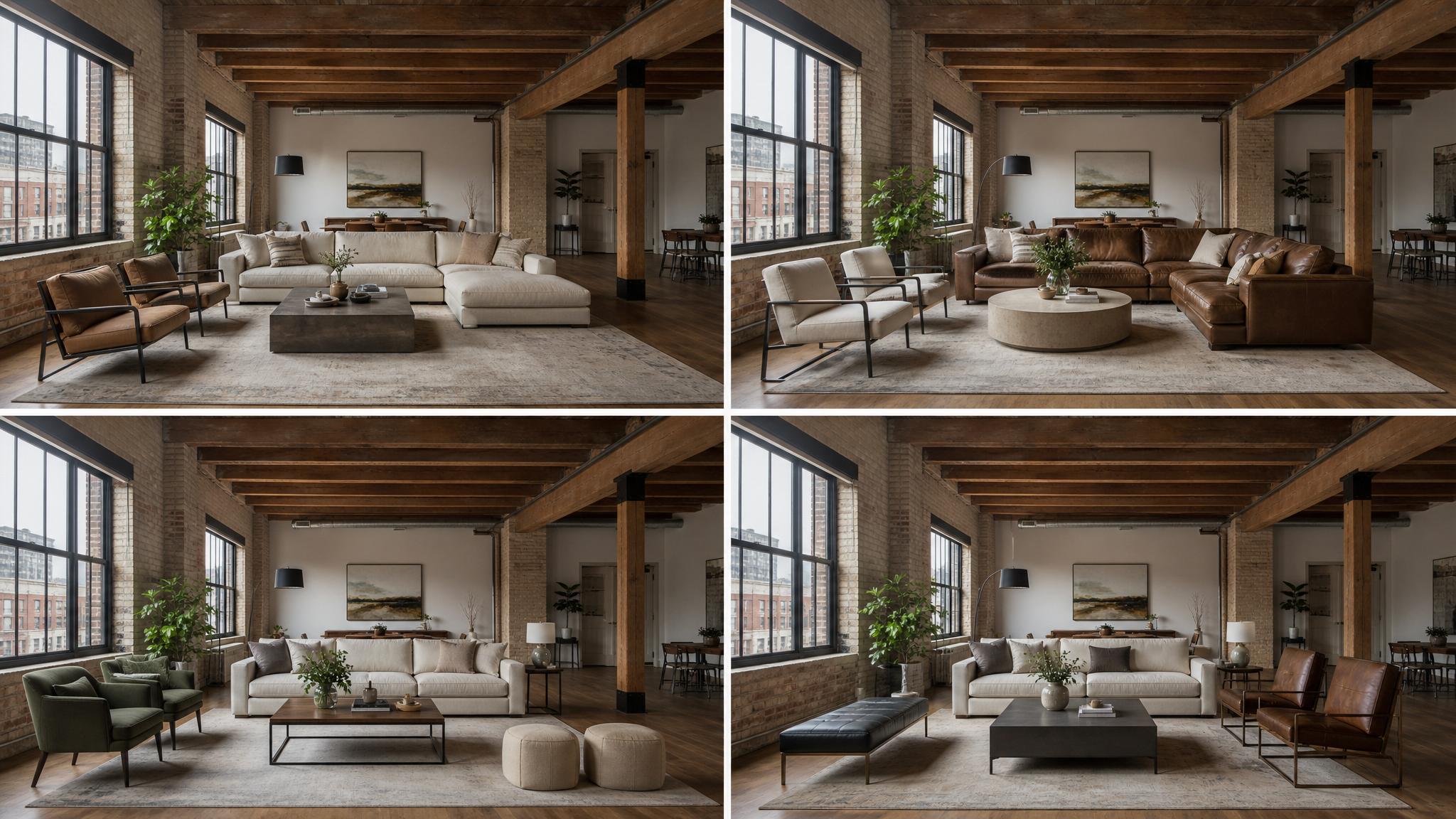 A digital mockup showing various furniture layouts in an urban loft living room.