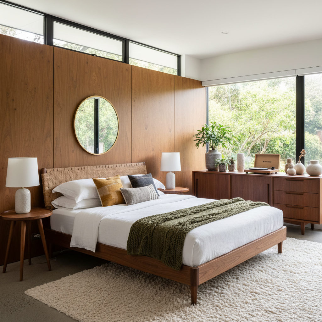A beautifully designed mid-century modern bedroom featuring clean lines and organic materials.