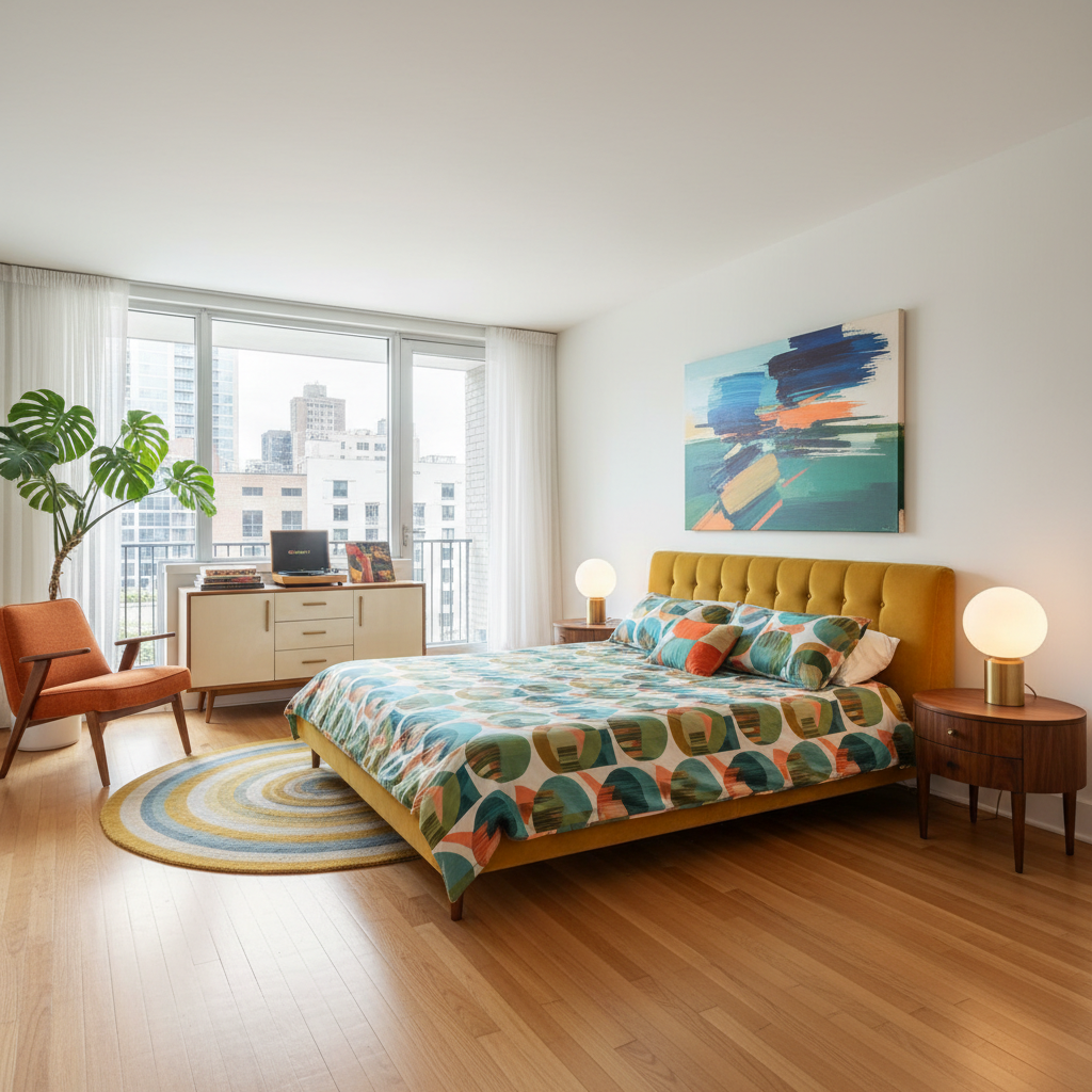 An example of an AI-generated mid-century modern bedroom showcasing vibrant colors and minimalist furniture.