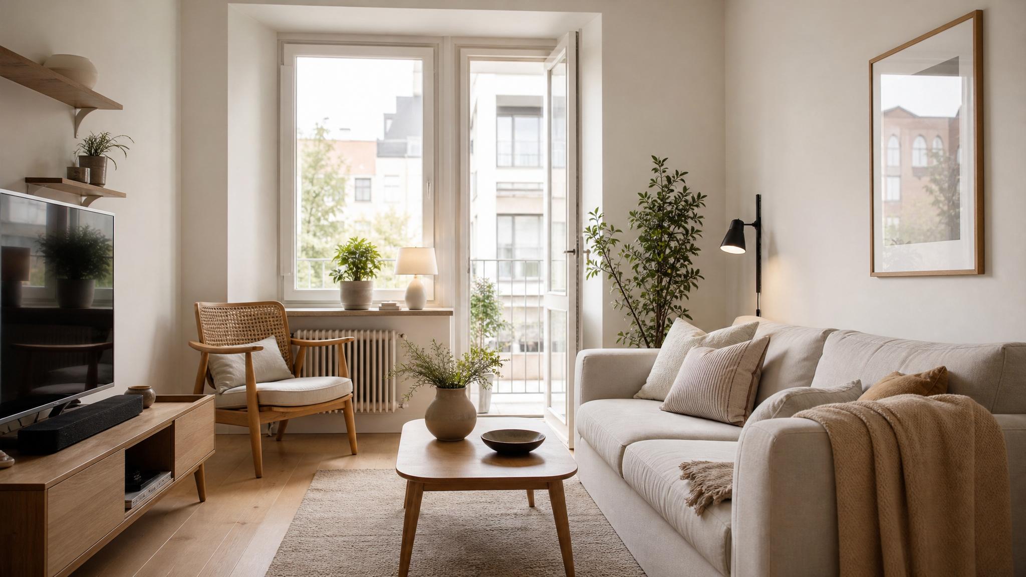 A beautifully arranged Scandinavian small living room showcasing minimalist design.