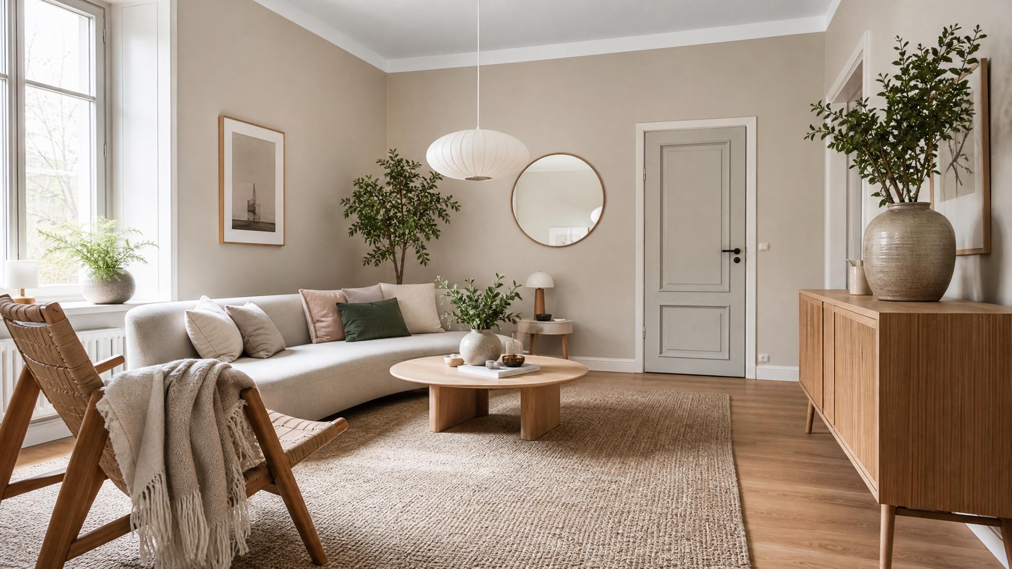 An angled seating arrangement in a Scandinavian small living room, enhancing depth and style.
