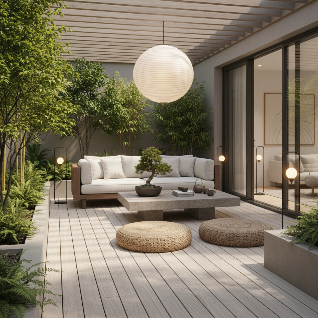 Image of a Japandi-inspired terrace showing minimalist furniture and nature elements.