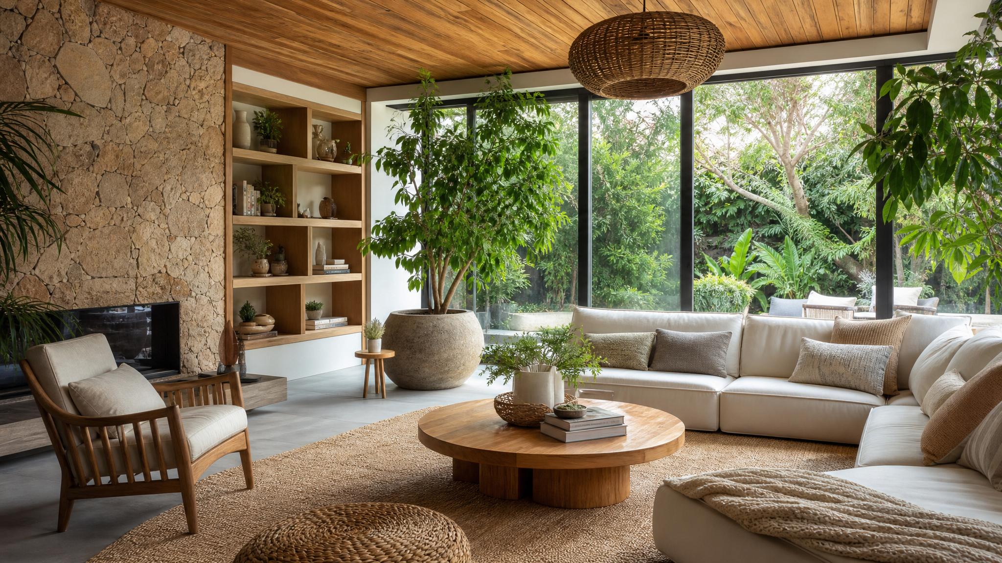 Cozy living room with biophilic design