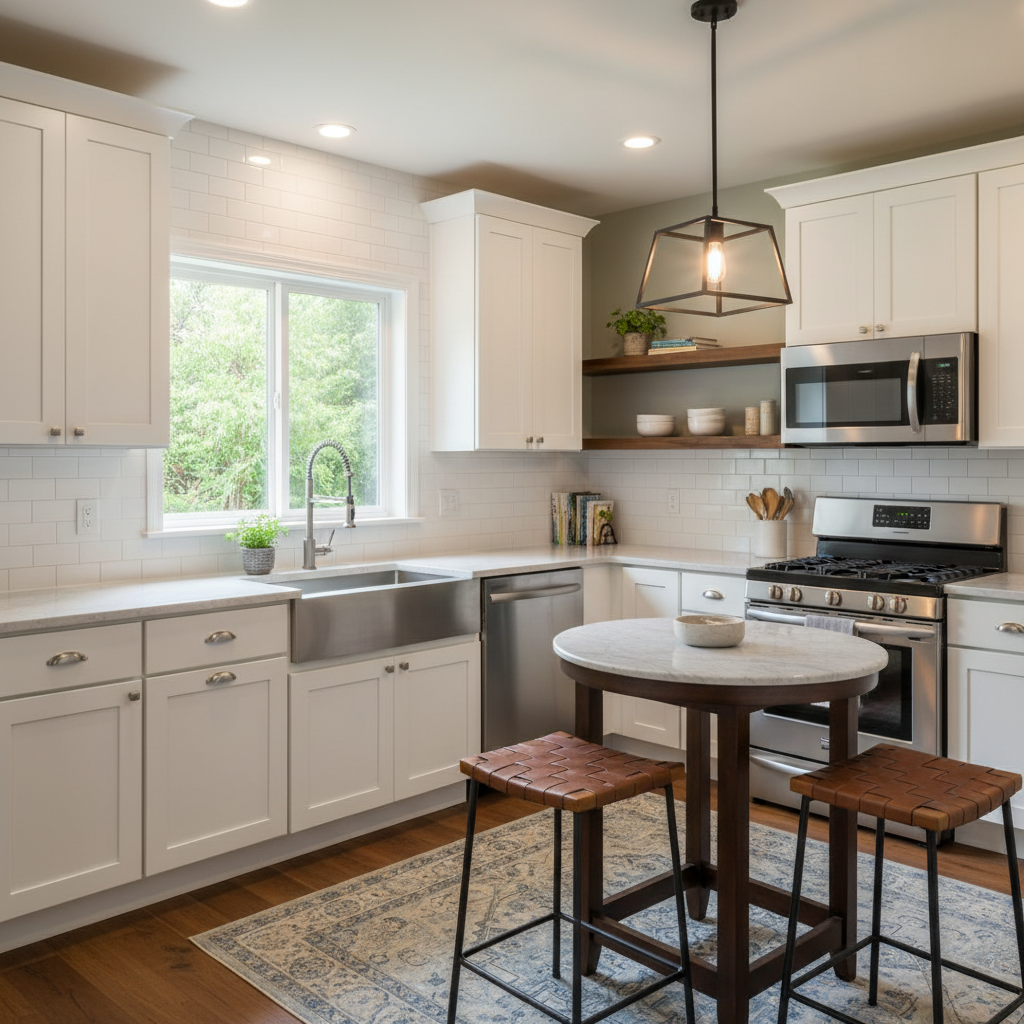 Image of a small transitional kitchen showcasing a blend of modern and traditional elements.