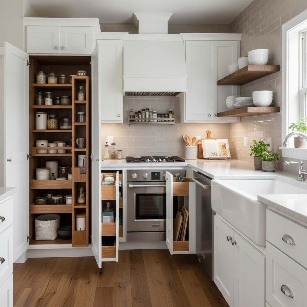 Image highlighting storage solutions in a transitional small kitchen.