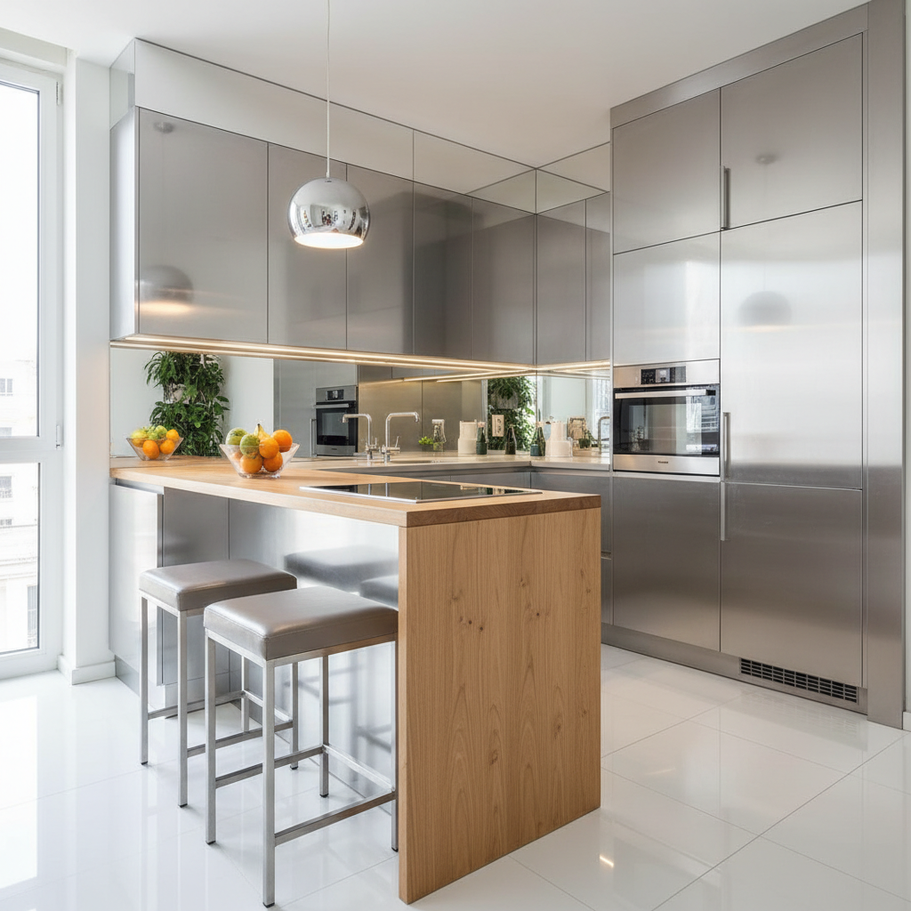Image depicting multi-functional furniture and reflective surfaces in a small kitchen.