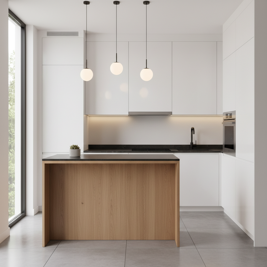 Image of a small luxury kitchen showcasing a minimalist design.