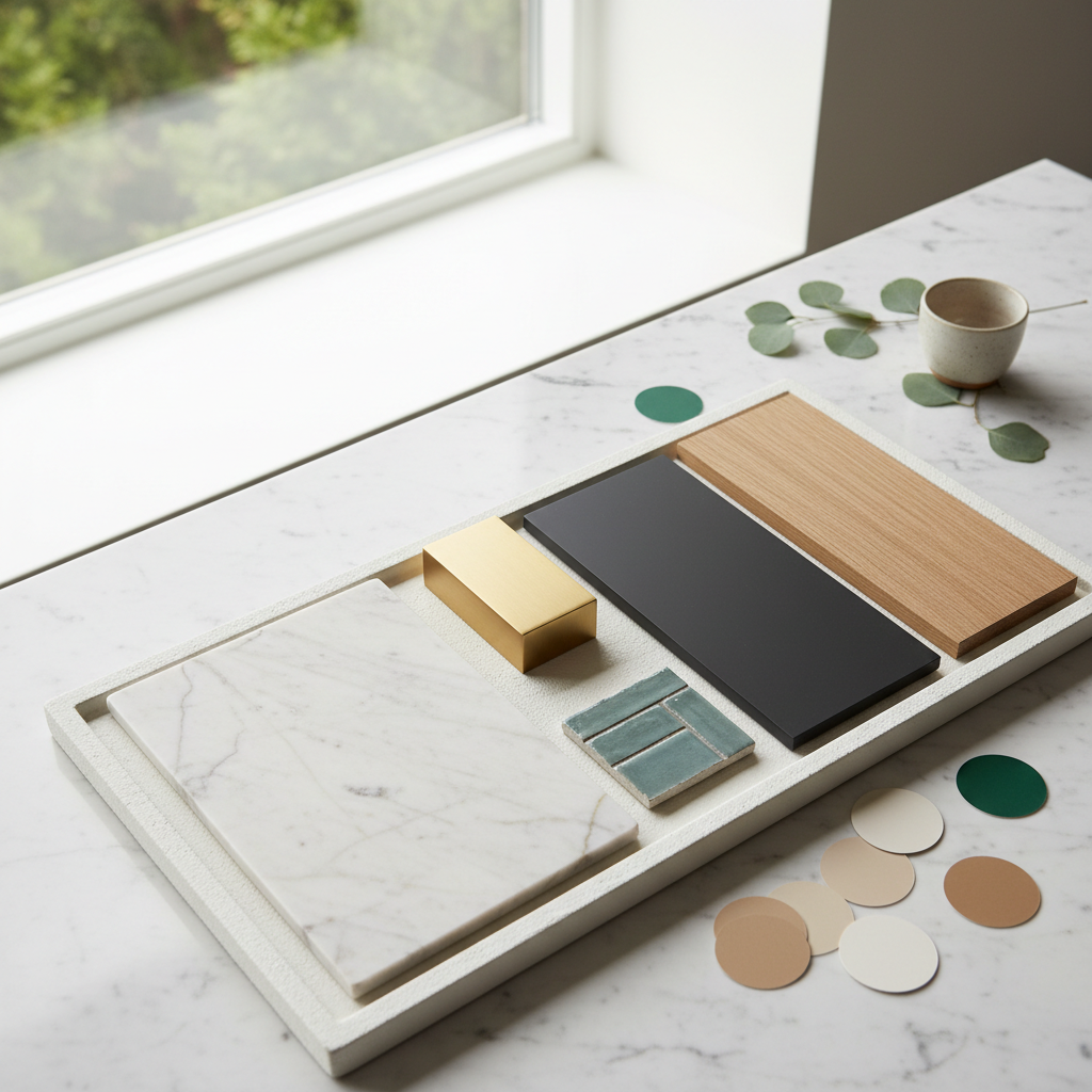 Image of a color palette suitable for a small luxury kitchen.