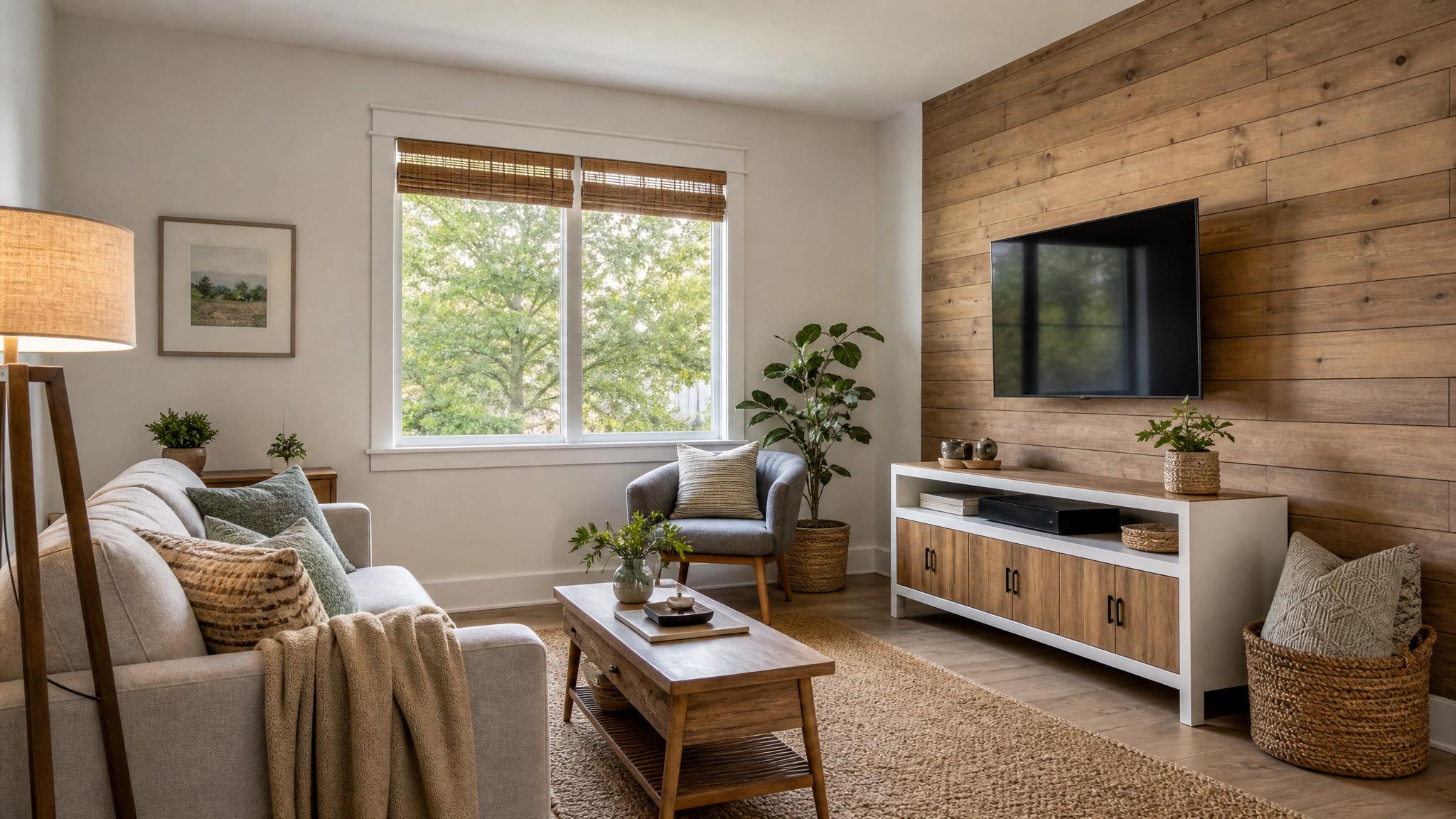 A cozy small living room with natural lighting.