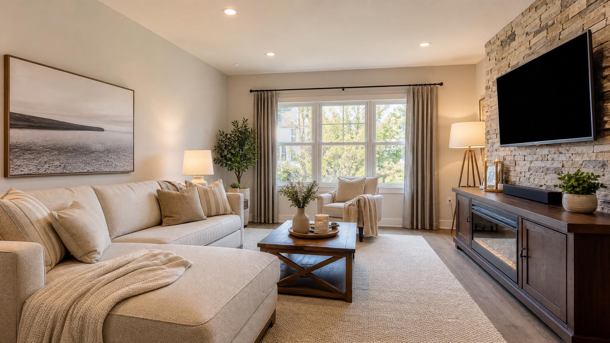 Example of a small living room setup with layered lighting.
