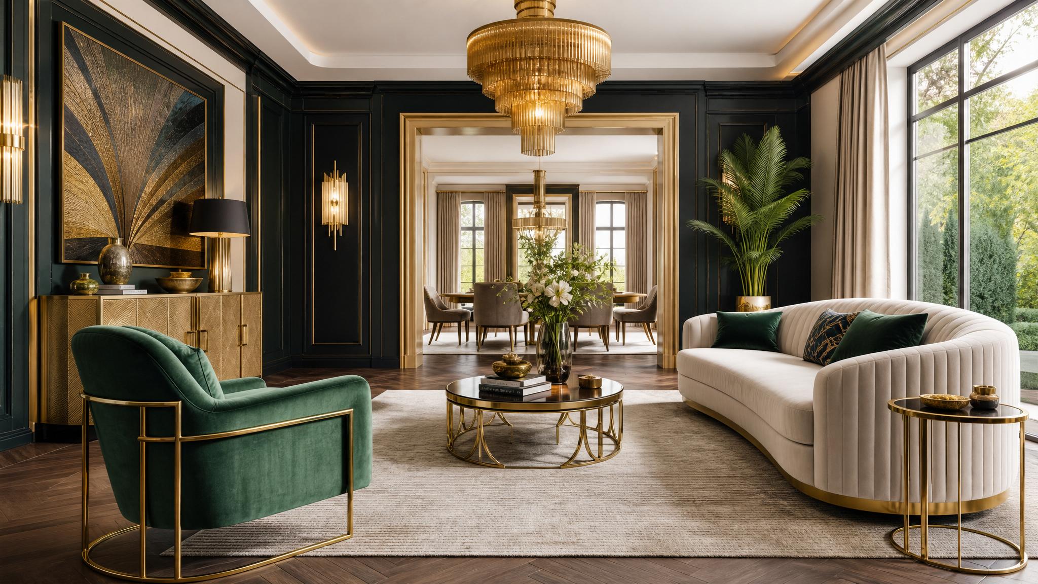 Art Deco living room with emerald green and gold accents