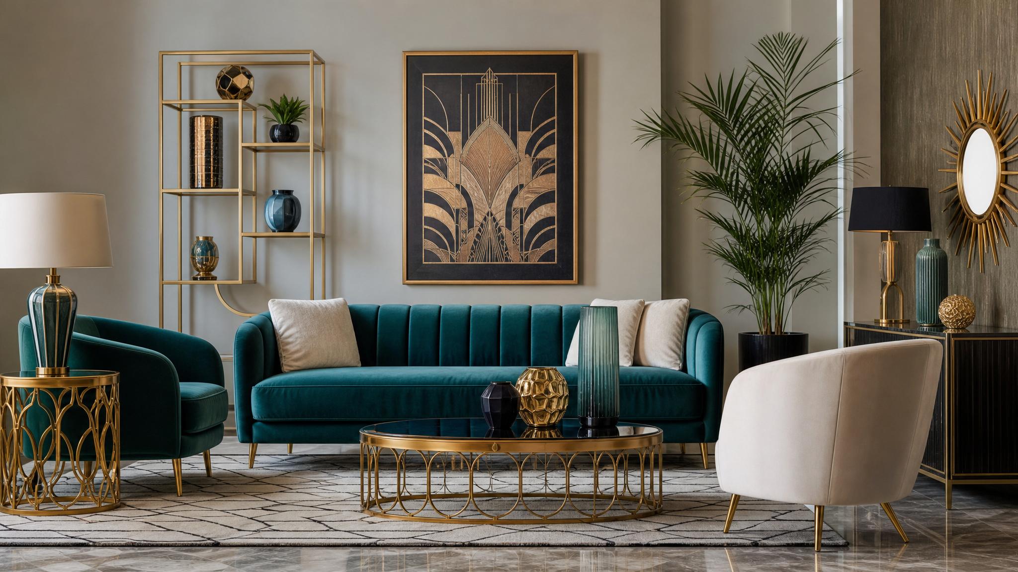Various Art Deco decor pieces in different color combinations