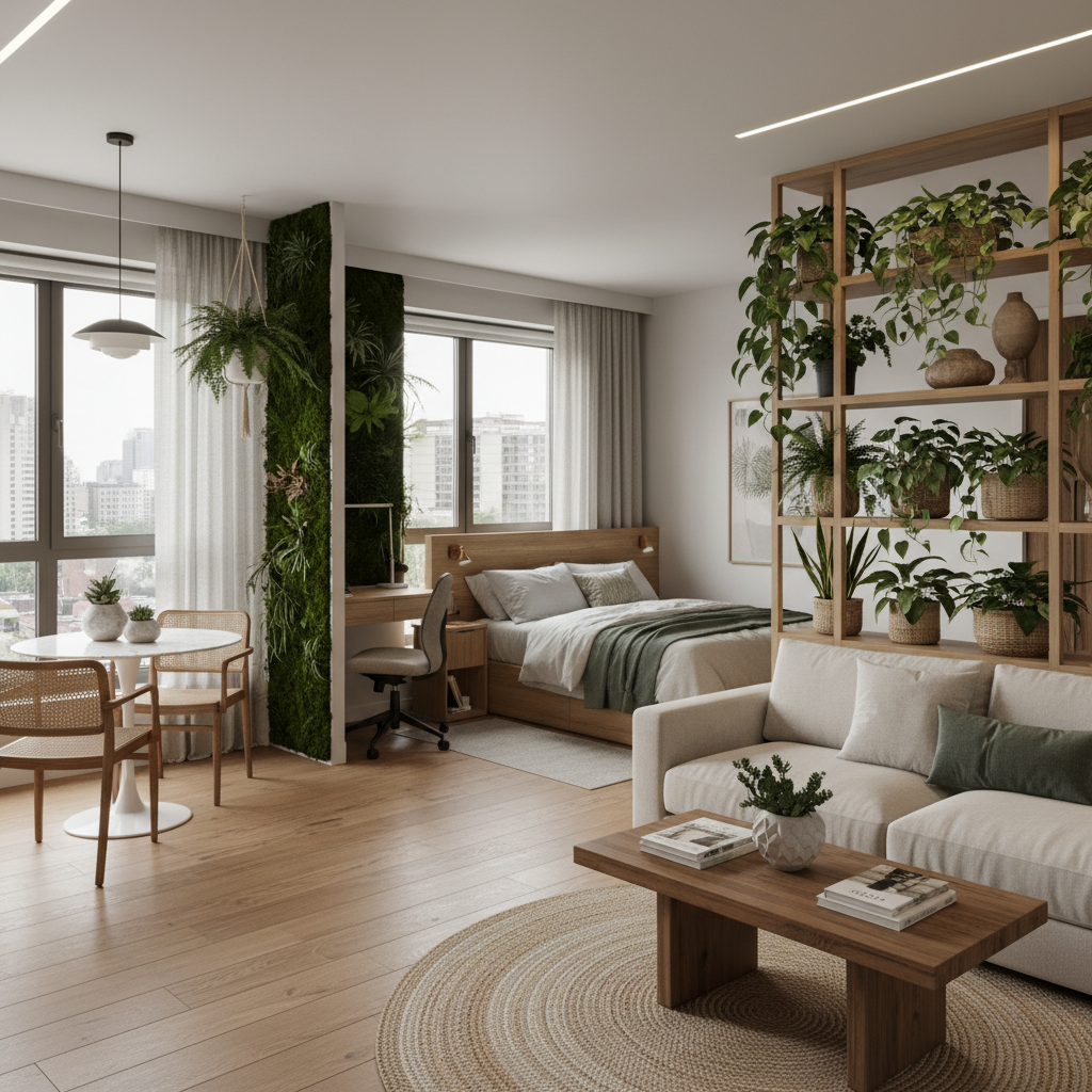 Example of a well-zoned studio apartment layout featuring biophilic design elements