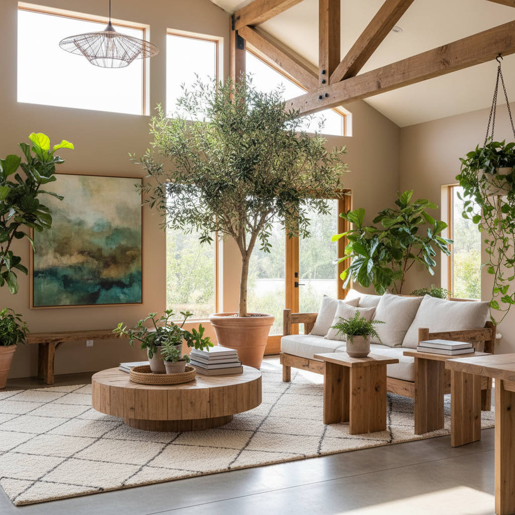 Interior showcasing natural elements like plants and wooden furniture
