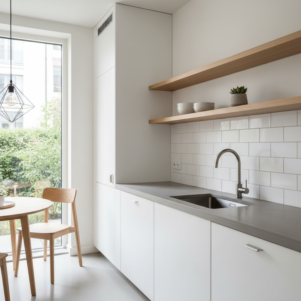 A minimalist small kitchen with clean lines and simple decor.