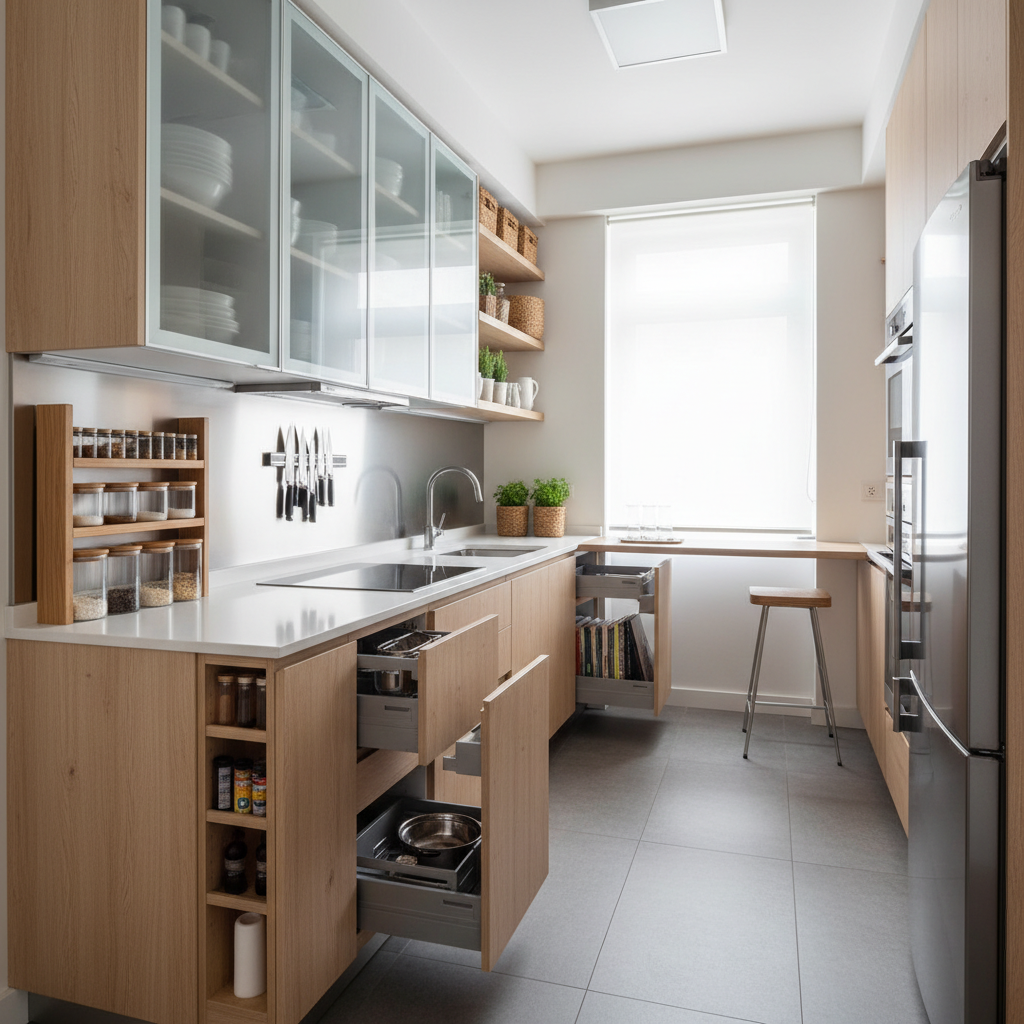 An organized small kitchen showcasing smart storage solutions.