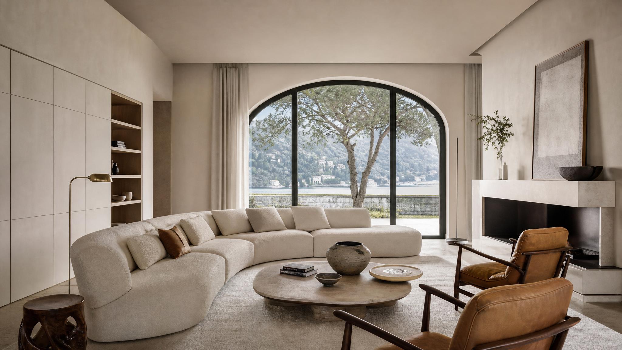 Image of an elegant Italian modern living room featuring a neutral color palette and statement furniture.