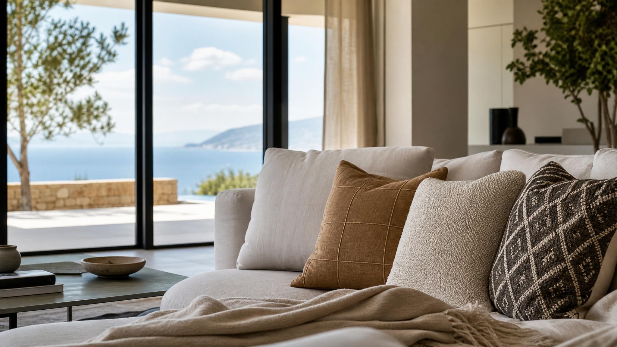 Image of throw pillows and textiles in an Italian modern living room.
