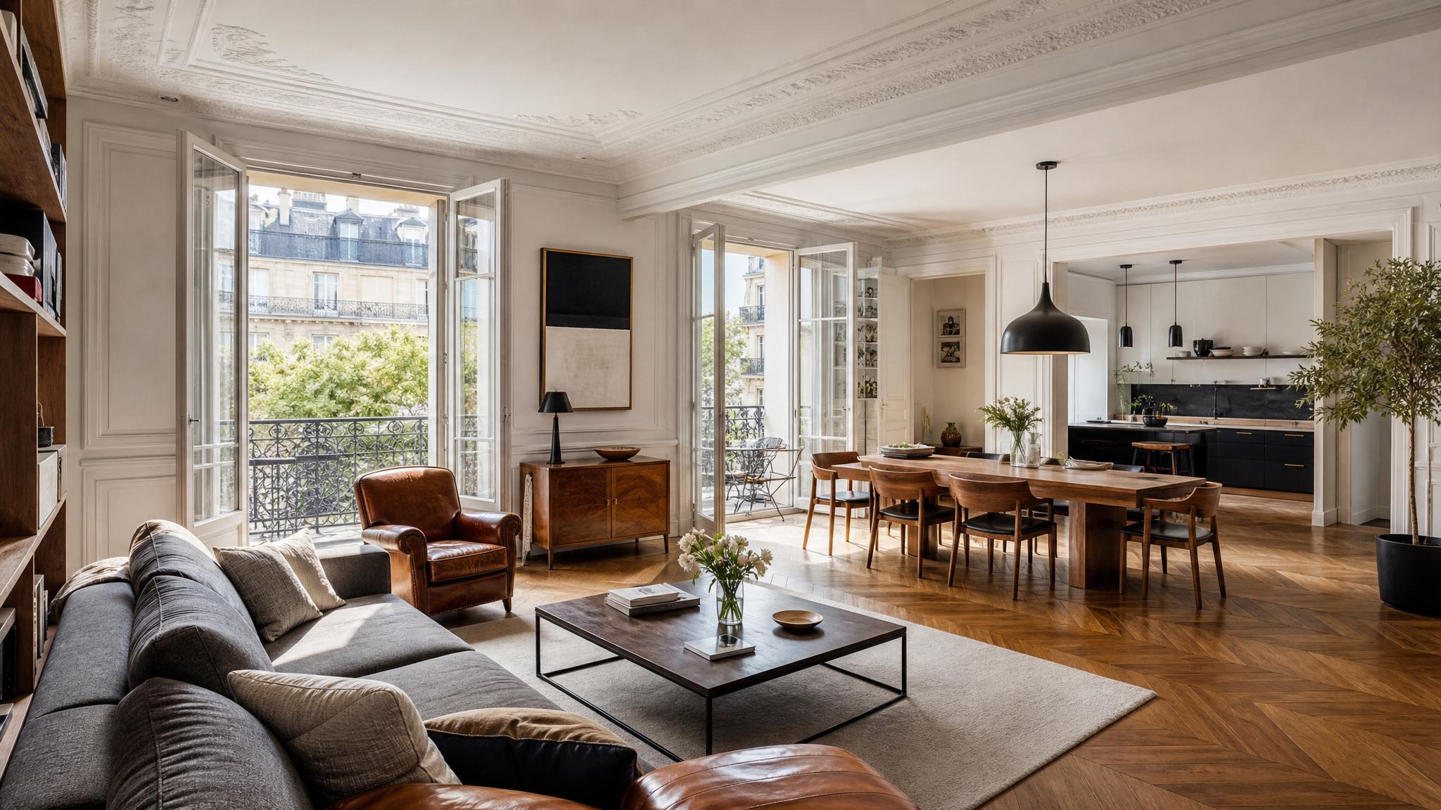 Open-plan Parisian living room with elegant furniture layout.