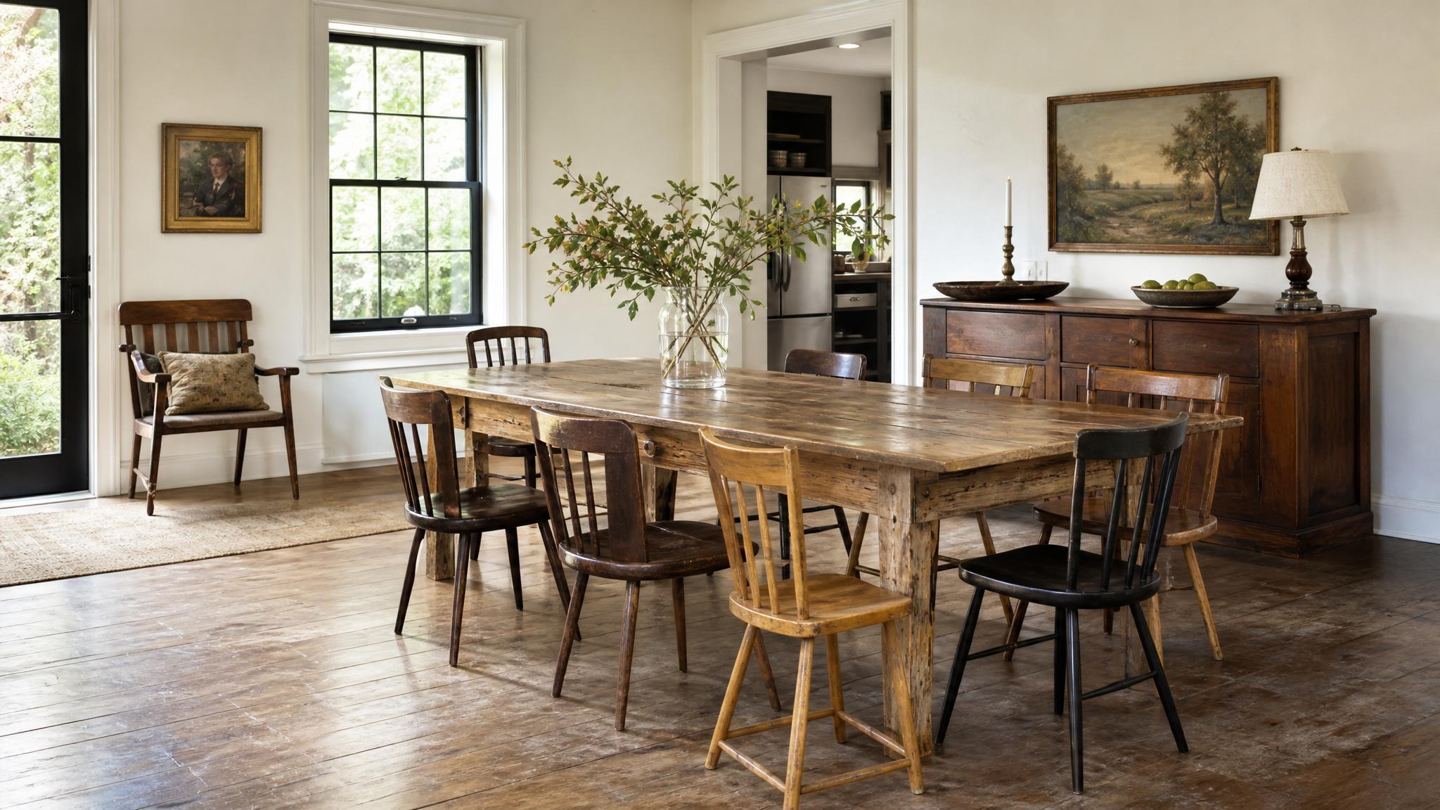 Vintage furniture layout with a rustic dining table and mismatched chairs.