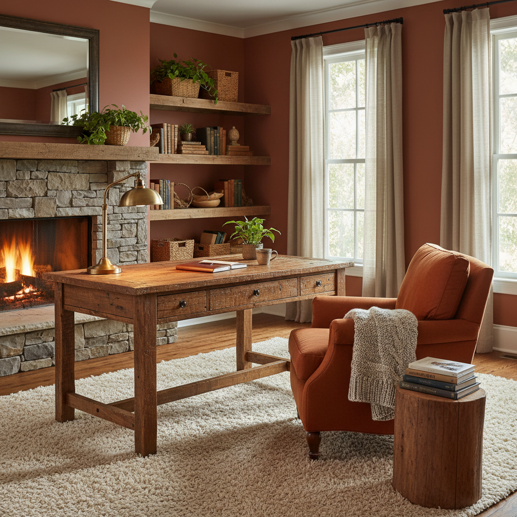 A cozy rustic home office with wooden furniture and a warm color palette.