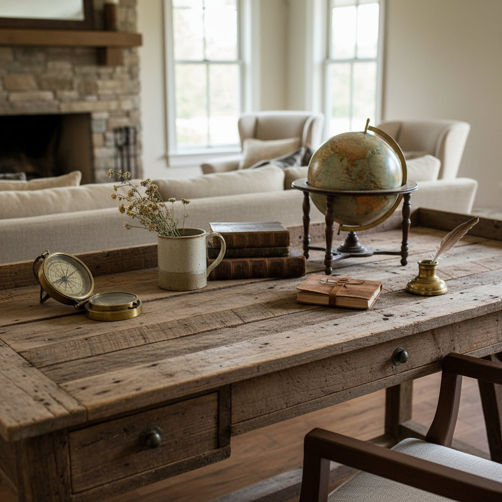 Rustic wooden desk with vintage decor items.
