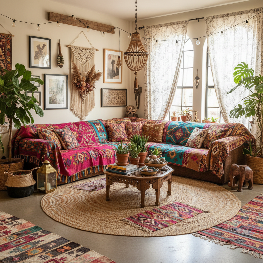 A vibrant bohemian living room filled with colorful textiles and unique decor elements.