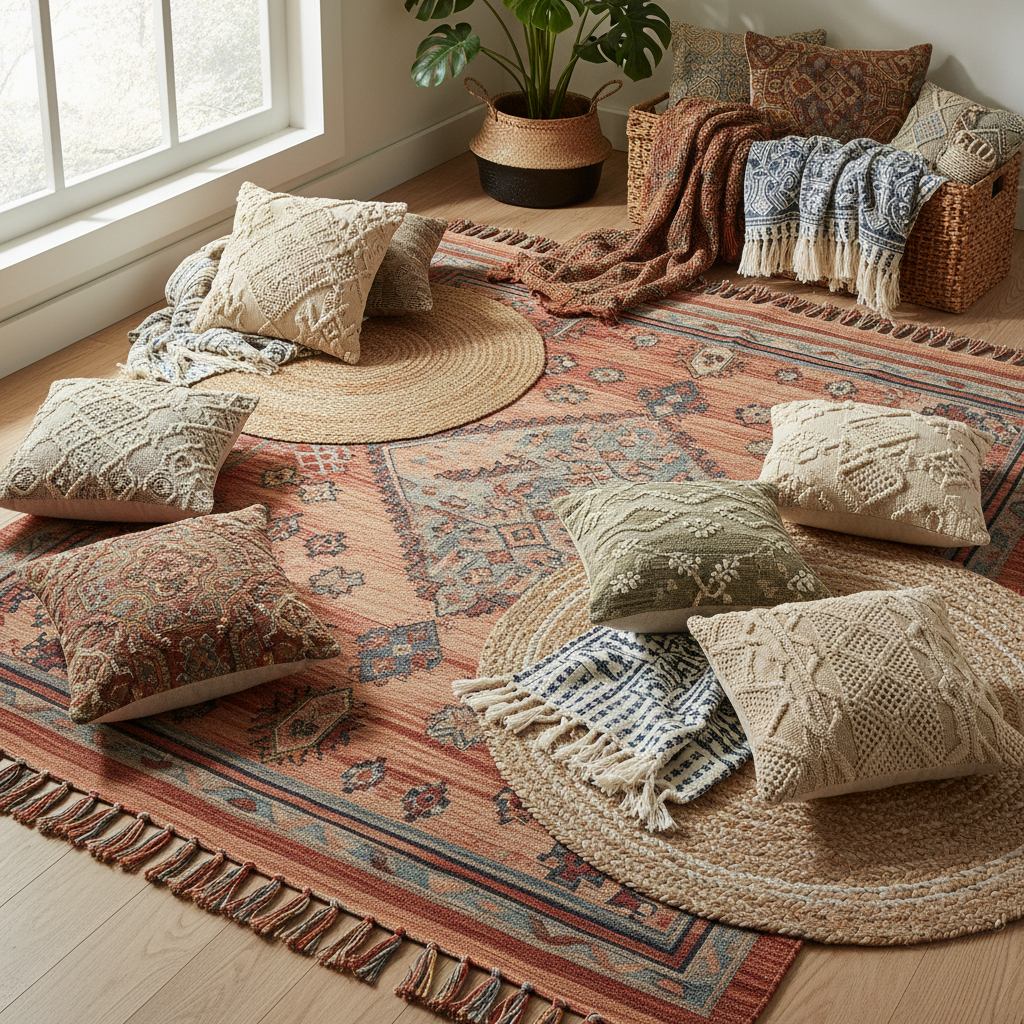 A collage of bohemian textiles including rugs, throw pillows, and blankets.