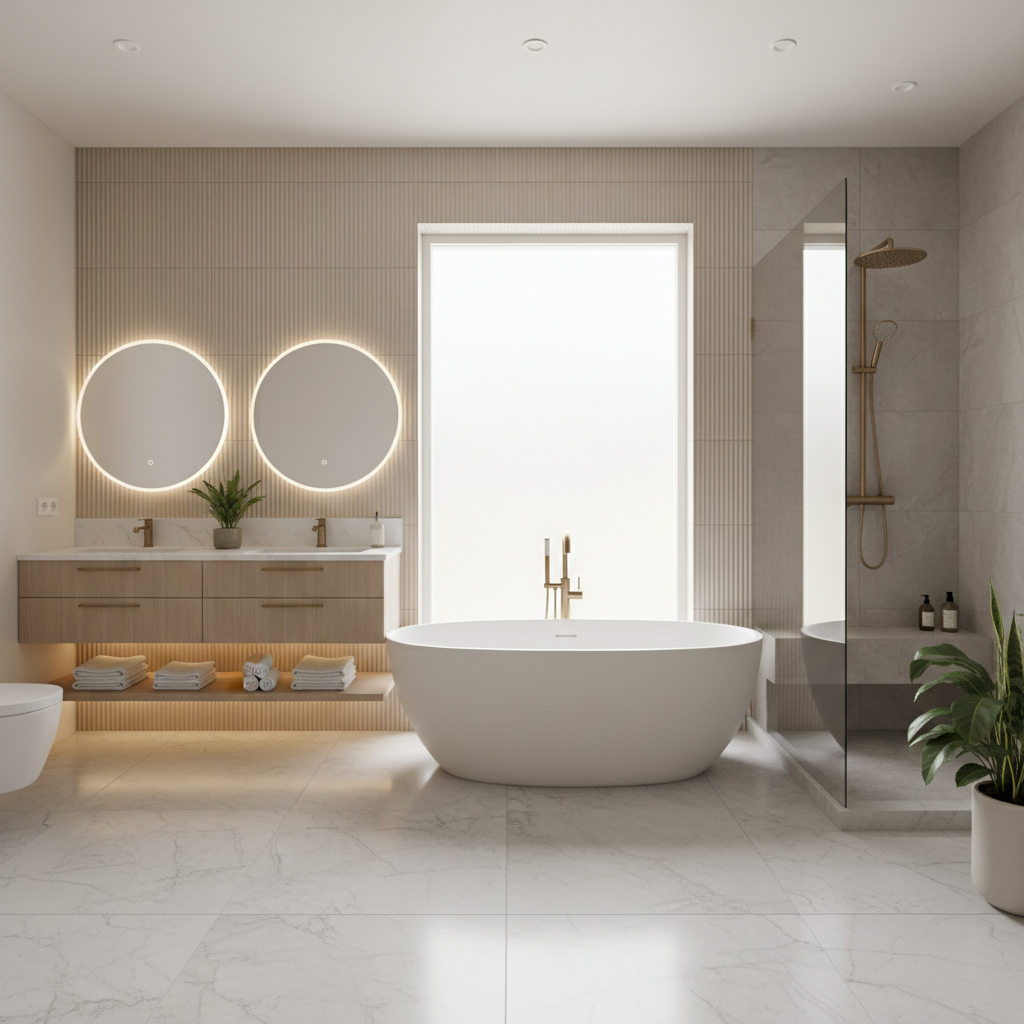 Image of a beautifully designed luxury bathroom with neutral tones.