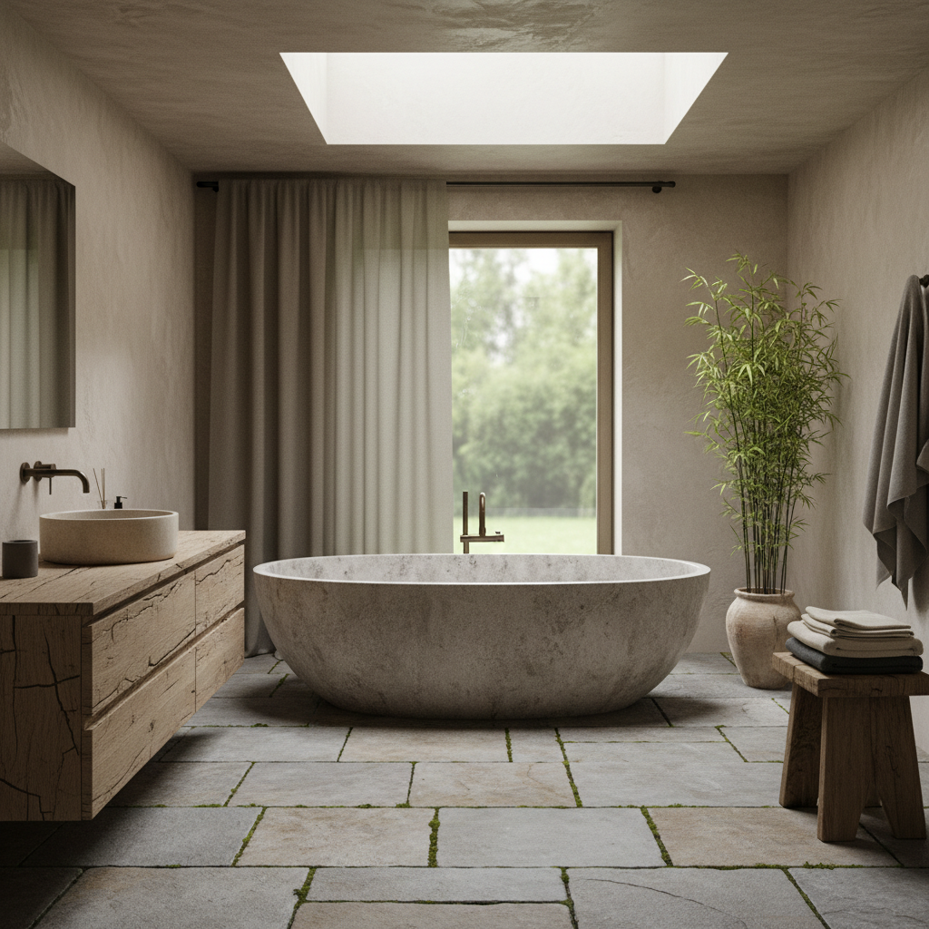A serene wabi-sabi bathroom with natural materials and muted colors.