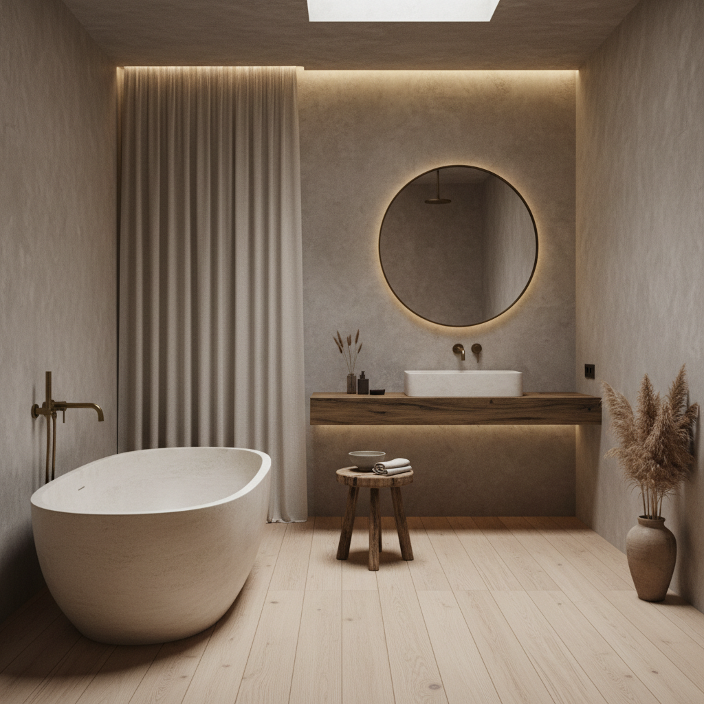 Textured materials and a minimalist design in a wabi-sabi bathroom.