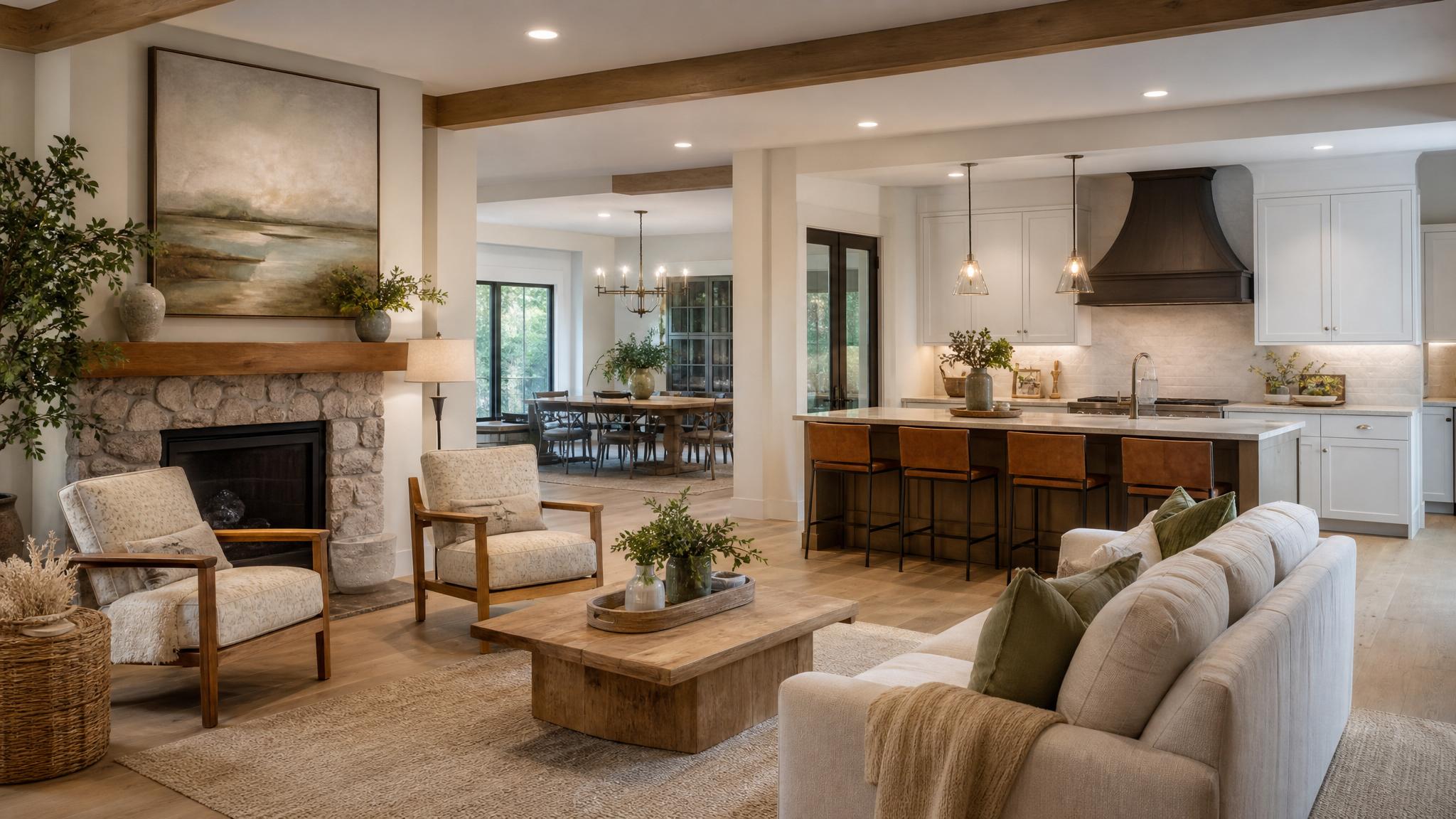 Beautifully staged open-plan living room showcasing several distinct areas.