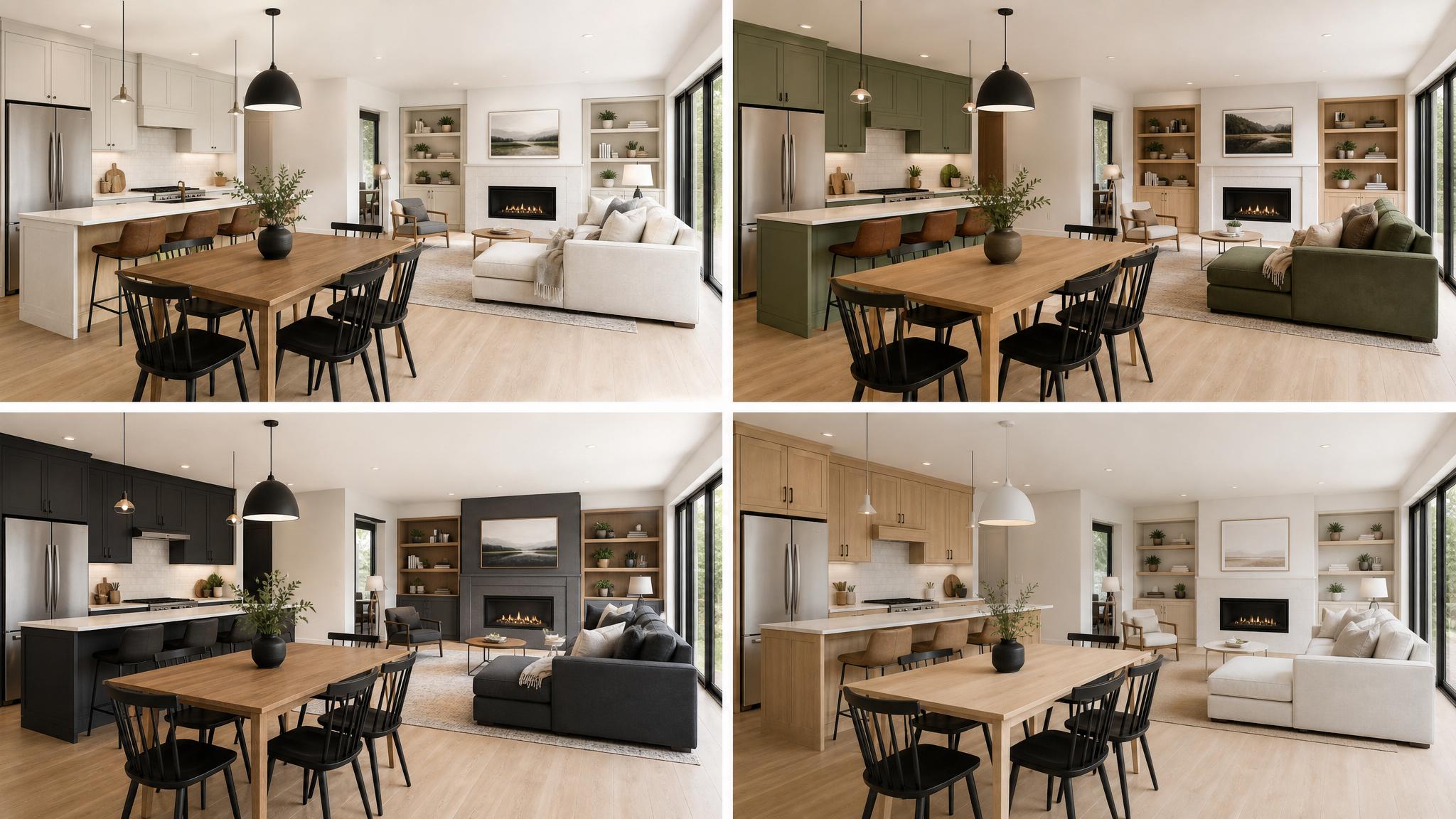 Color palette options for open-plan spaces showing harmony and coherence.