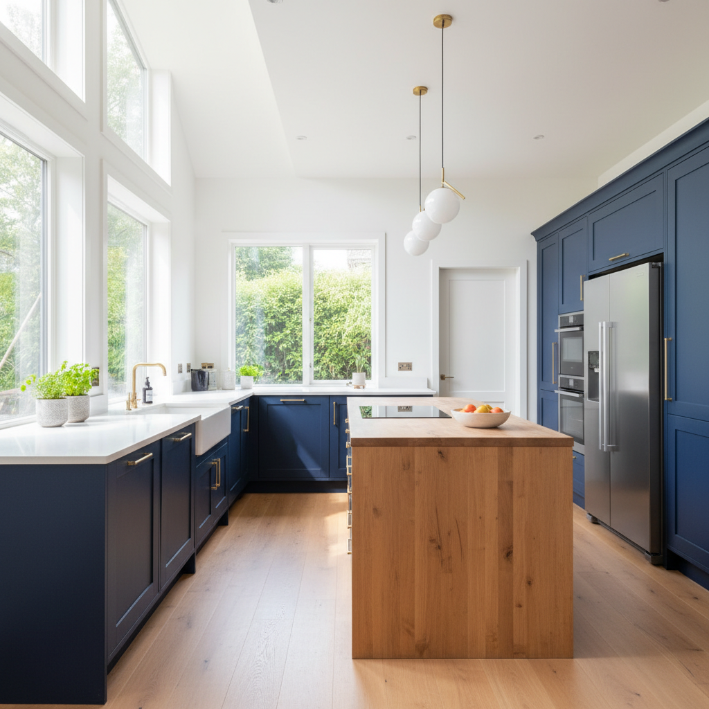 A well-lit kitchen with natural light highlighting its features.