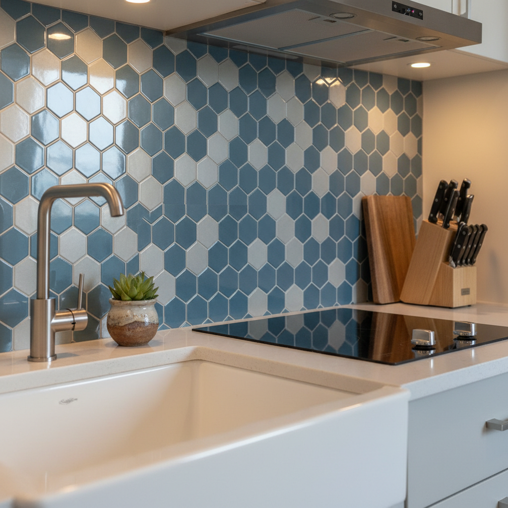 Close-up of a stylish backsplash in a small kitchen.