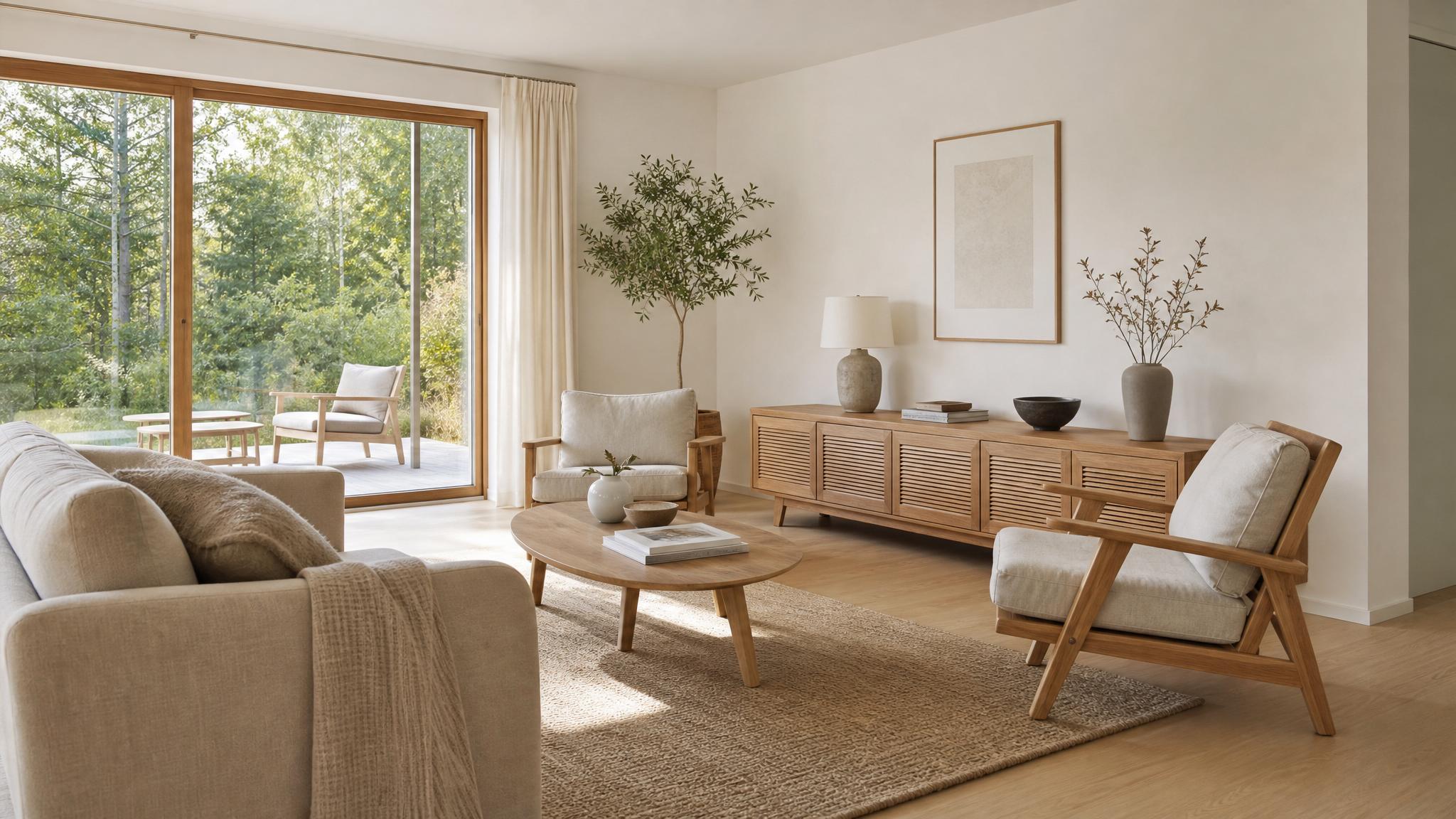 A serene Nordic living room showcasing minimalism with light wood furniture and neutral colors.