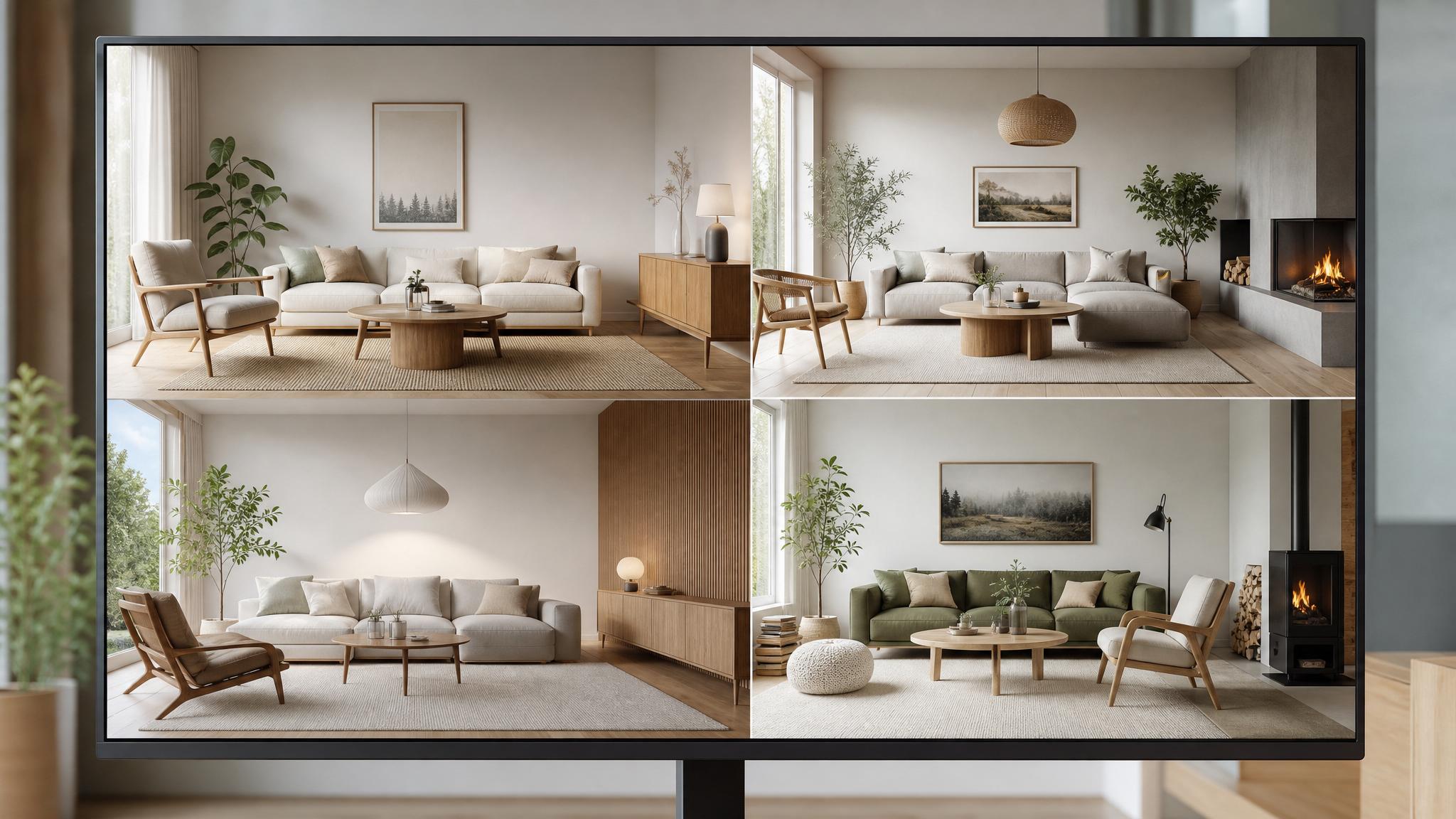 A digital display of AI-generated design ideas for a Nordic living room.