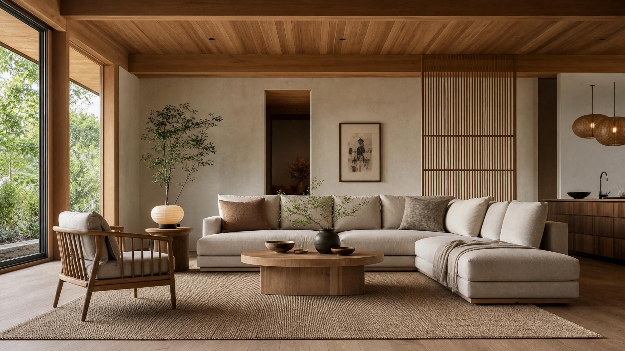 Elegant Japandi living room design with wood and neutral tones.