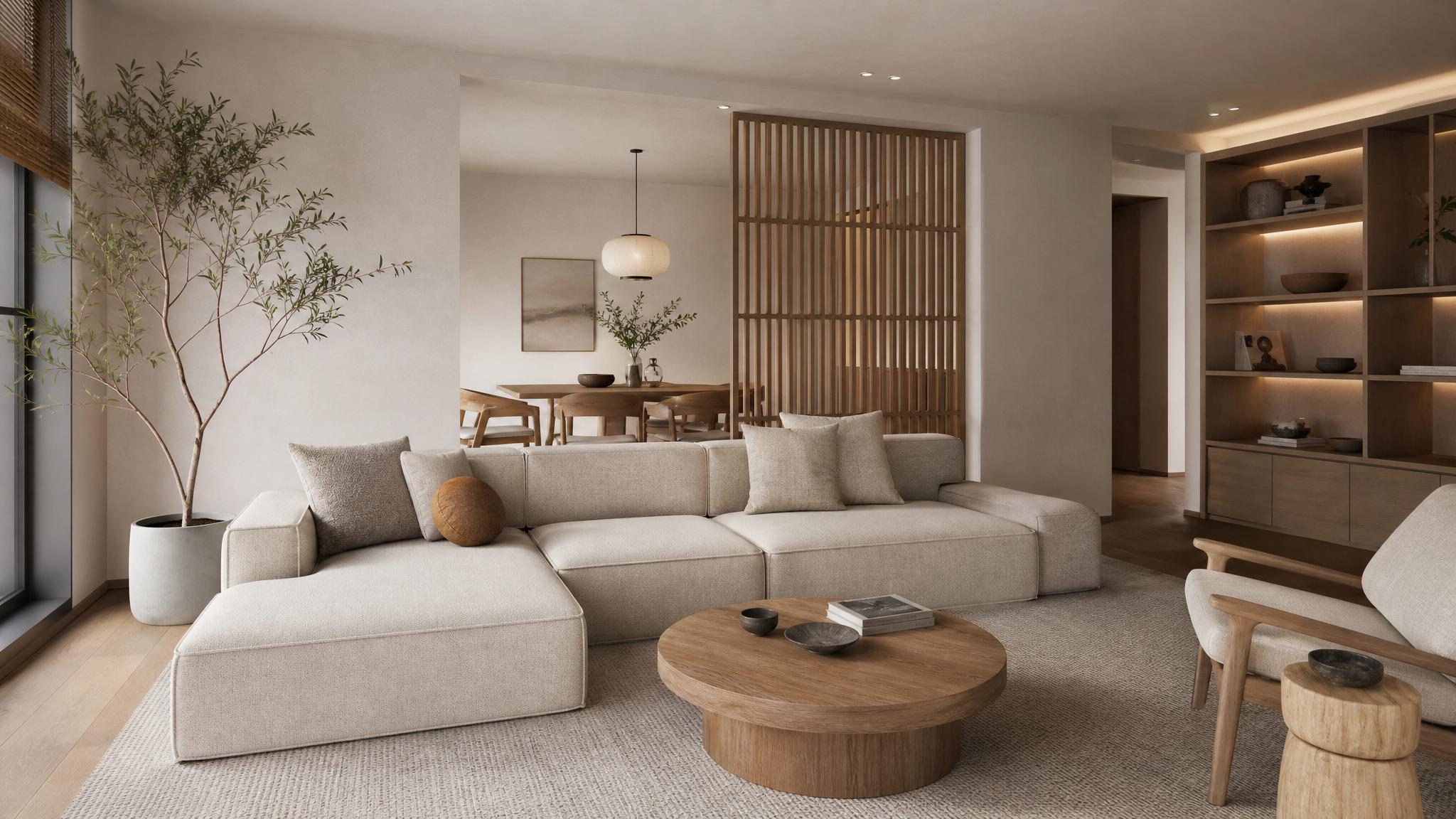 Cozy Japandi living room with a multifunctional sofa and defined zones.