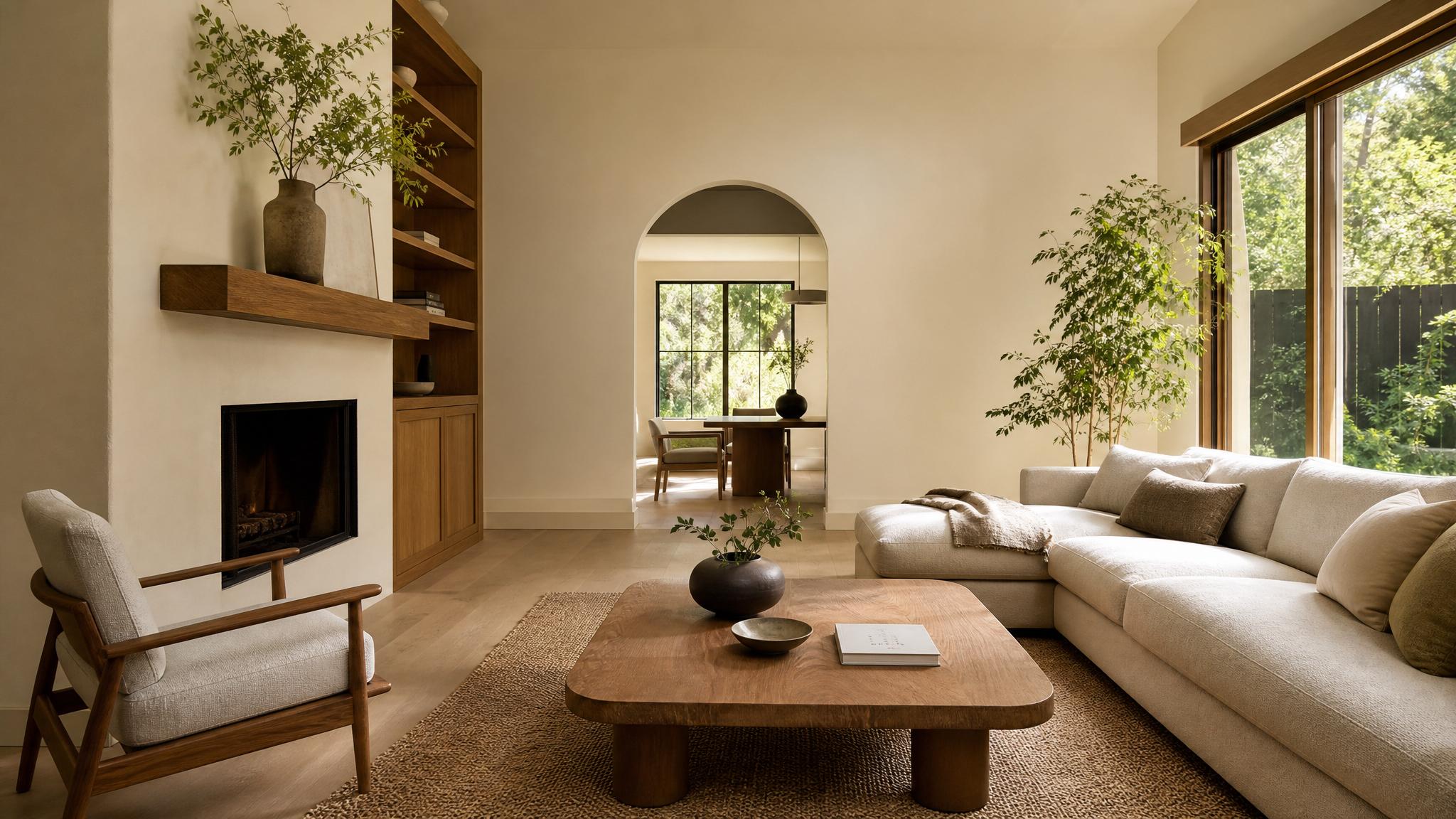 Stylish Japandi living room with good lighting and minimal clutter.