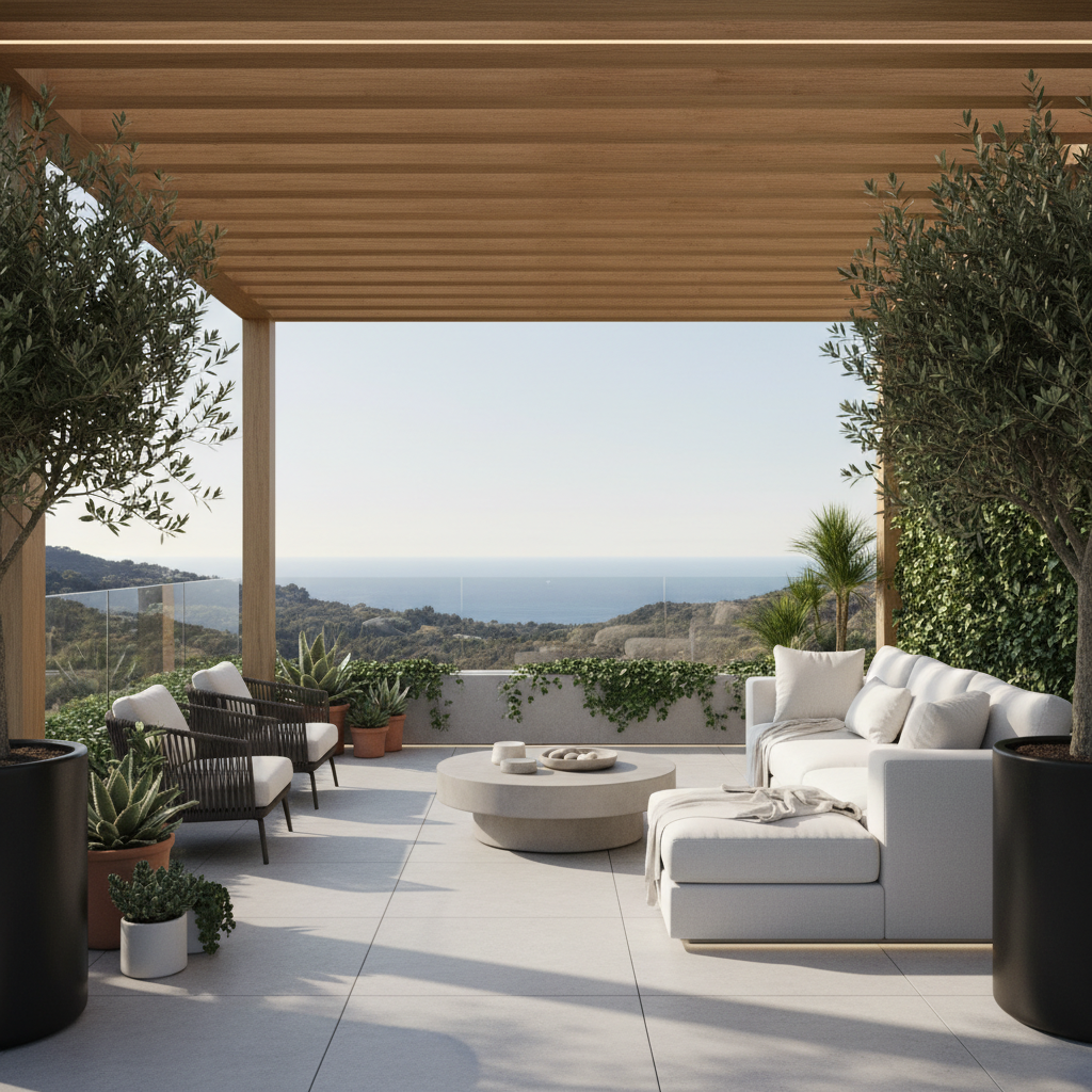 A serene luxury terrace with minimalist furniture and plants