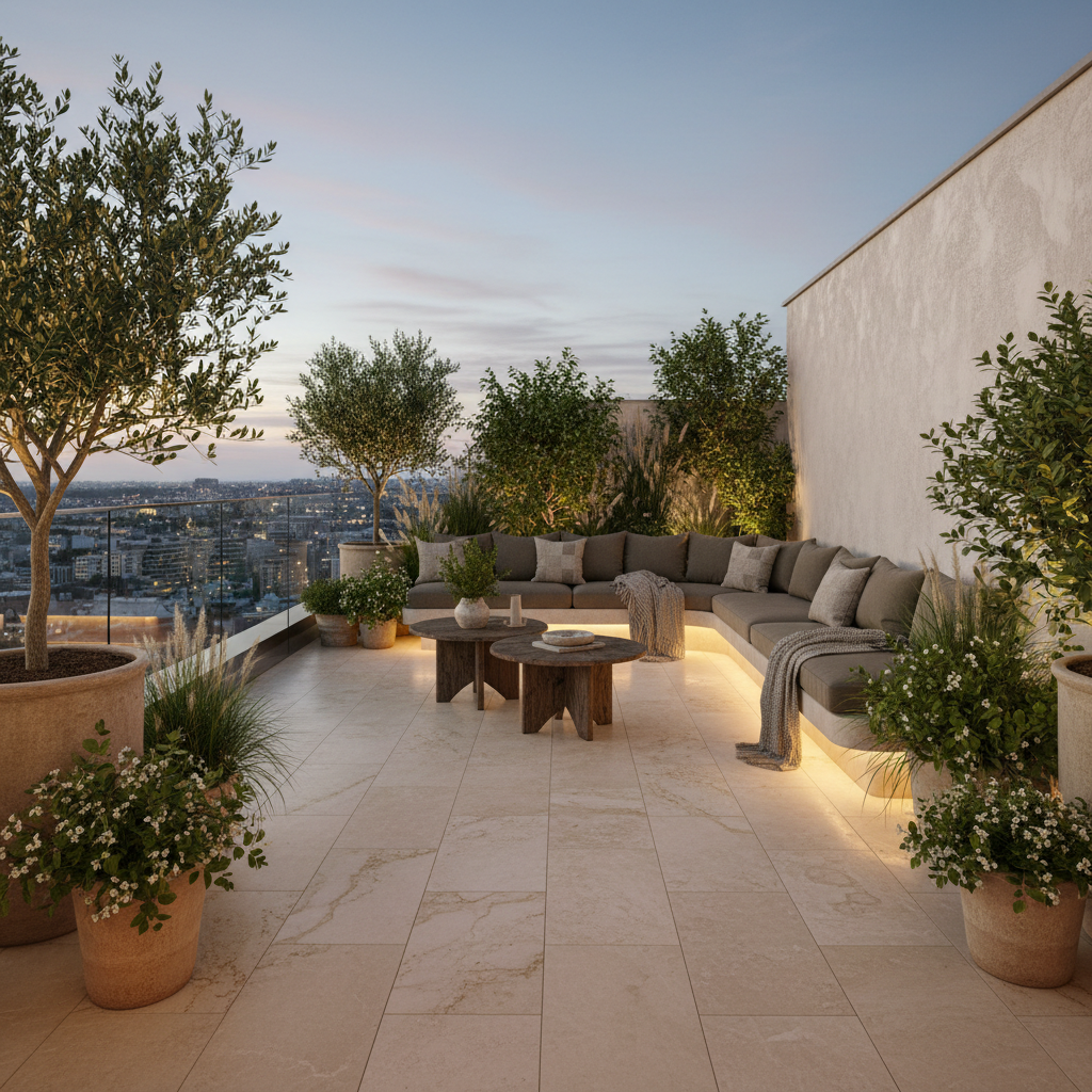 Visual concept of a quiet luxury terrace with plants and seating